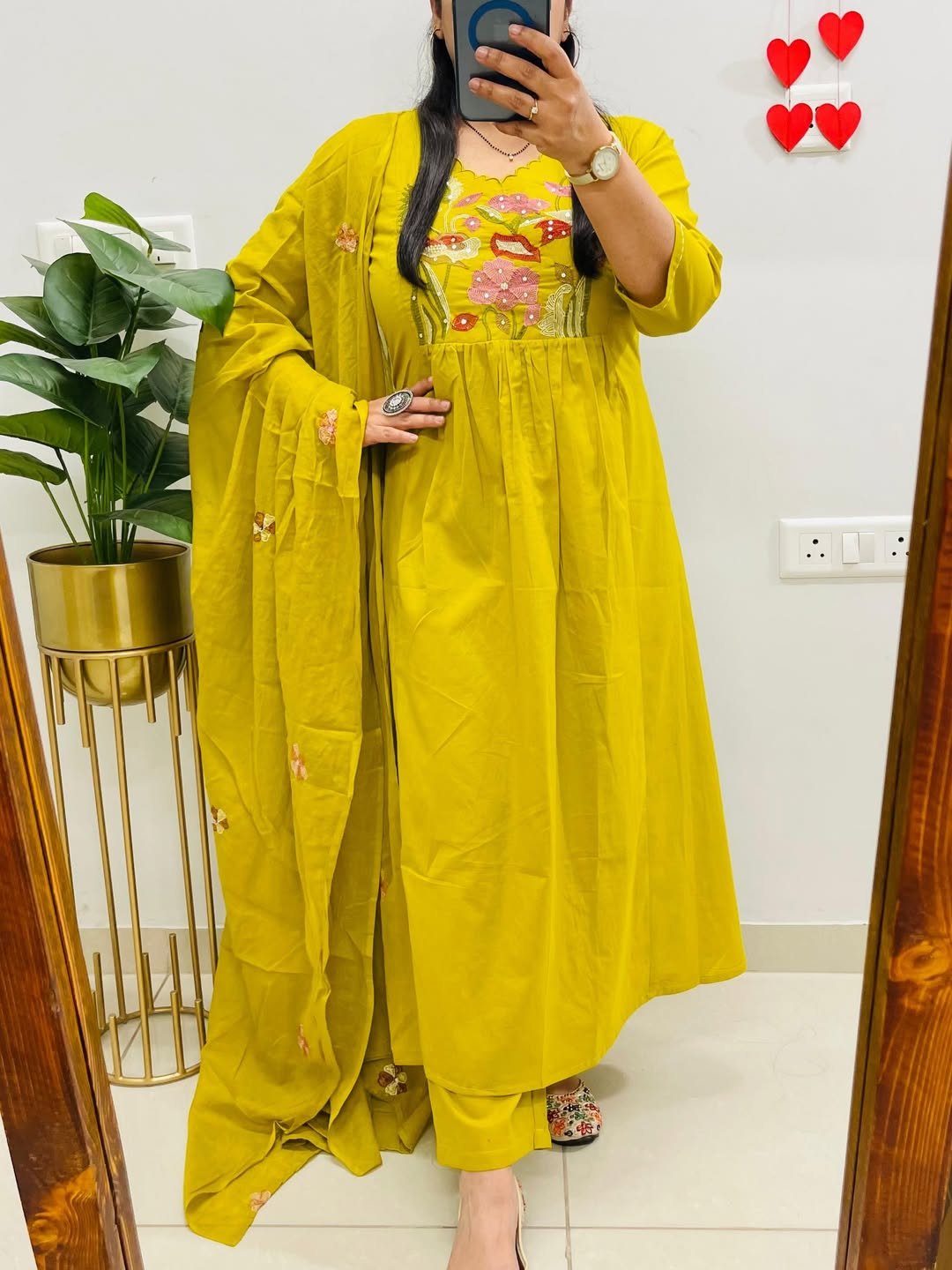 Yellow Anarkali Cotton Embroidered Suit Set